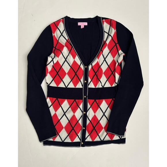 Lilly Pulitzer Sweaters - Lilly Pulitzer Women’s Sz M Cody Matinee Argyle Cardigan Sweater Navy Pink